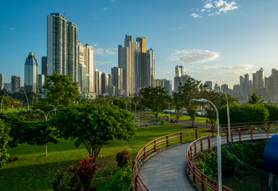 View of the buildings of Panama City and the coast